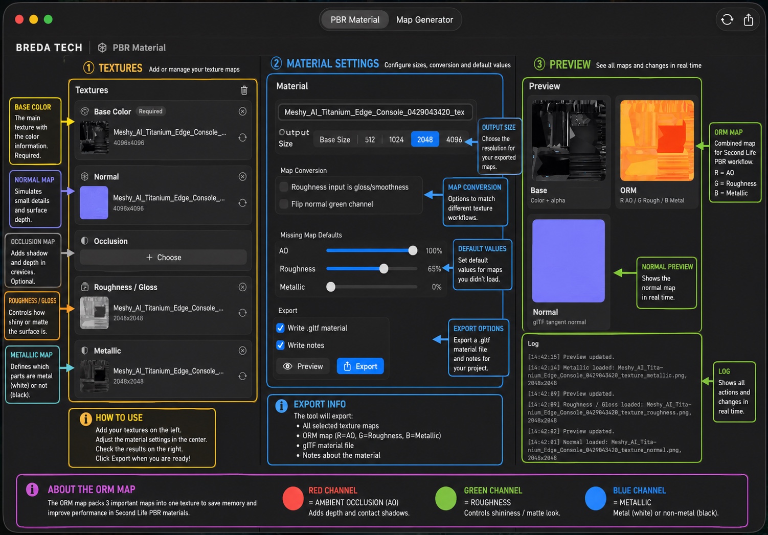 BREDA TECH PBR Studio interface guide with annotations
